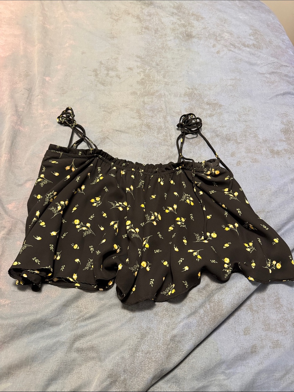 Aqua Black Floral Ruffle Tank with Yellow Buds